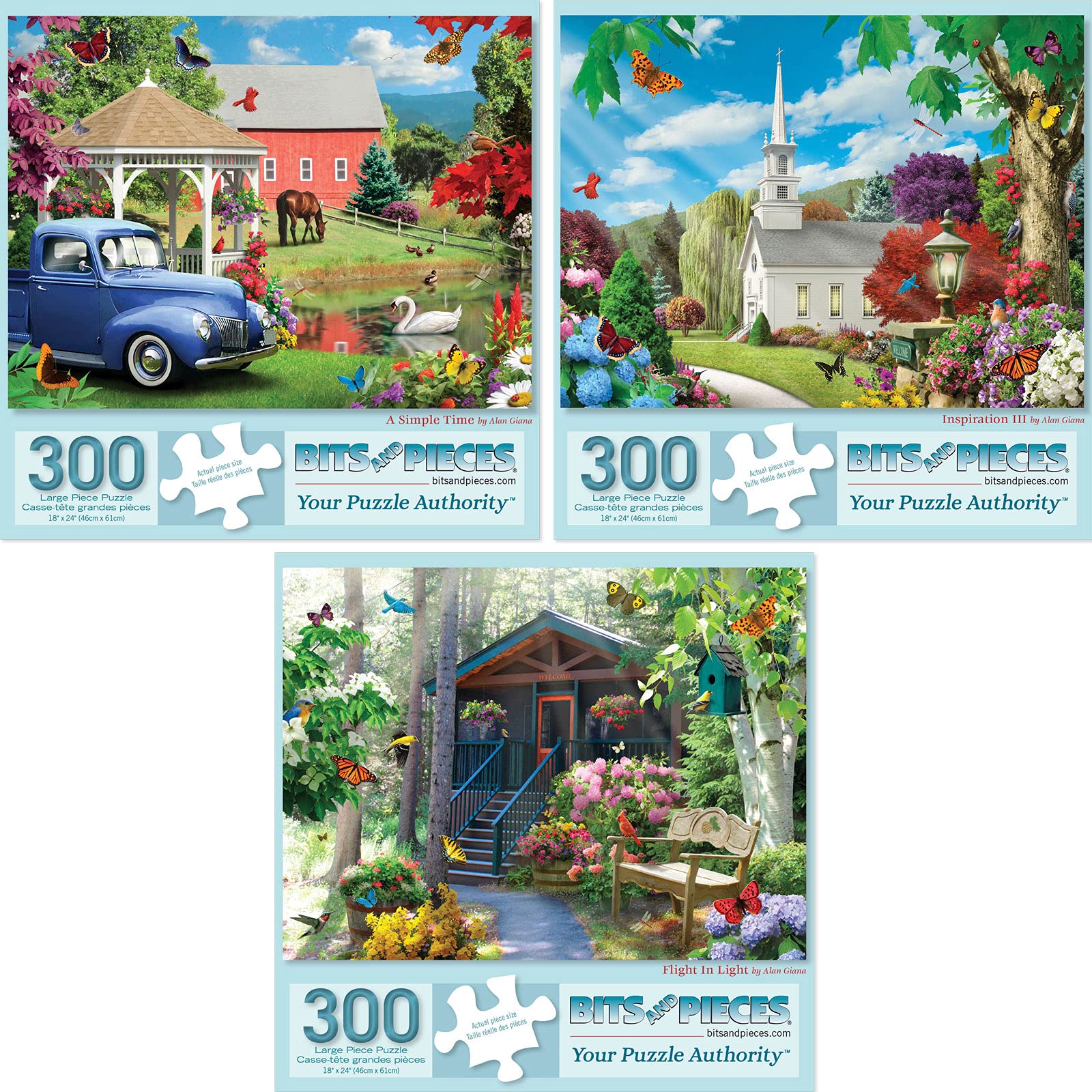 Bits and Pieces - Value Set of Three (3) 300 Piece Jigsaw Puzzles for Adults - Each Puzzle Measures 46cm x 61cm- A Simple Time, Inspiration, Flight in Light Jigsaws by Artist Alan Giana