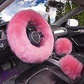 Yontree Fashion Fluffy Steering Wheel Covers for Women/Girls/Ladies/Men Australia Pure Wool Universal 15 Inch 1 Set 3 Pcs (Pink)