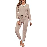 Namatime Women Cotton Pajama Sets 2 Piece Lounge Set Stripe Long Sleeve V Neck Pj Set Loungewear Soft Sleepwear with Pockets
