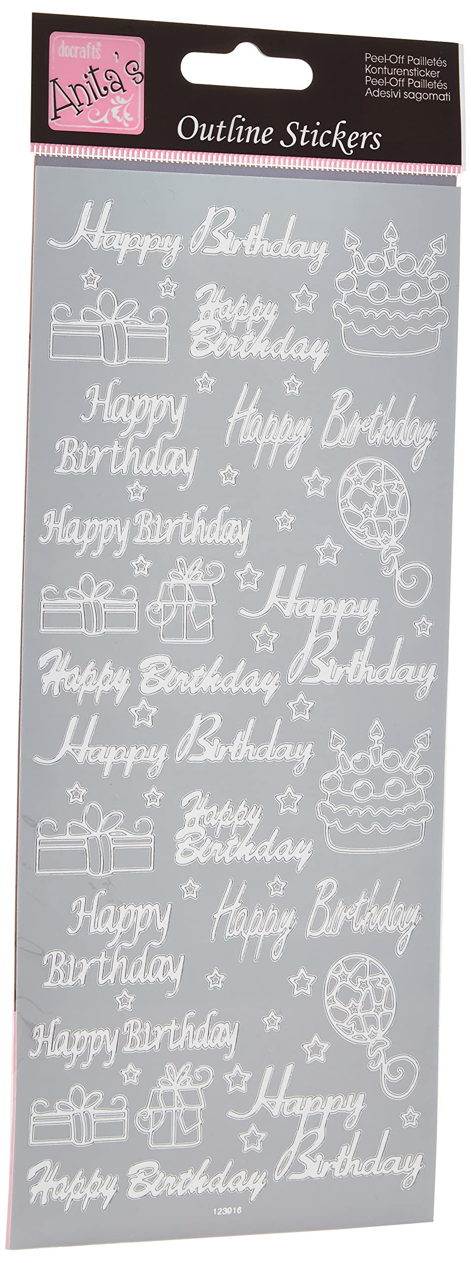 Anitas Outline Stickers, Happy Birthday Multicoloured, Silver, For Scrapbooking, Card Making, Kids Play, Homework, Art, Craft, Embelish, Decorative, Paper, Card, Glass, Metal, Plastic, Foam — image 1