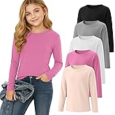 LessonZoo 5 Pack Girls' Long Sleeve Shirts Kids Soft Crewneck Casual Loose Fit Layering Tops Basic Athletic Pullover Tee