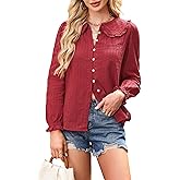 ECOWISH Women's Long Sleeve Shirts - Peter Pan Collar Button Down Blouse Dressy Casual Puff Cotton Elegant Fall Tops