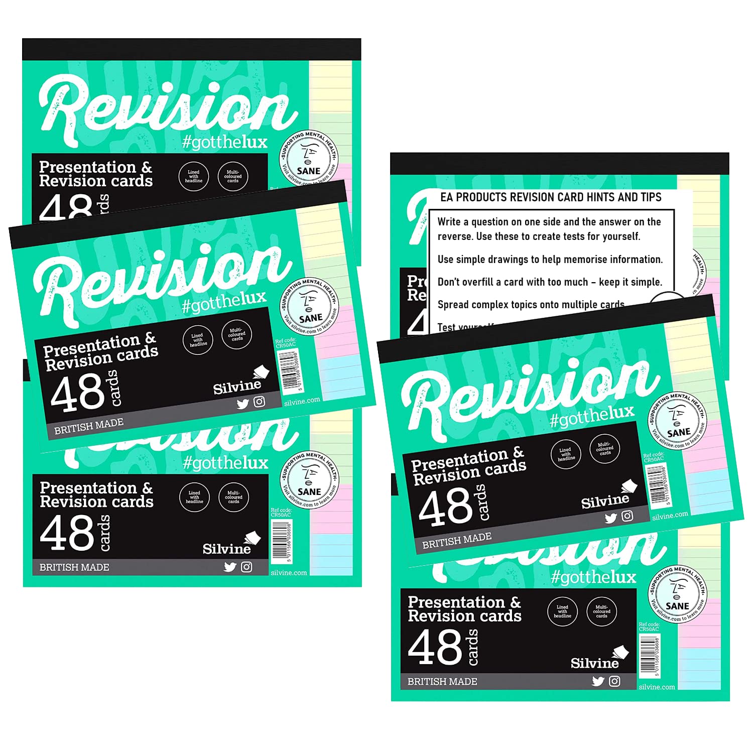 Revision Card Study Bulk Pack | 6 x 48 A6 (6x4”) Multi Colour Lined Luxpad Silvine Revision Cards Plus Tips