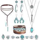 Helicopchain Western Jewelry For Women Bohemian Turquoise Jewelry Set Turquoise Pendant Choker Necklace Turquoise Faux Leather Cuff Bracelet Turquoise Hoop Dangle Earrings Turquoise Joint Knuckle