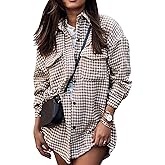 Yimoon Plaid Jacket Women Casual Houndstooth Jacket Flannel Shacket Loose Long Sleeve Shirt Button Down Shacket With Pockets(Khaki-Small)