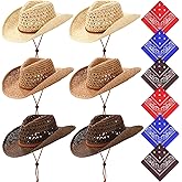Newcotte 6 Set Straw Cowboy Hats and Bandanas for Women Western Cowgirl Beach Sun Hat Bulk with Windproof Rope for Party Travel