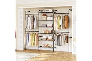 ONBRILL H3 Wall Mounted Closet System, Expandable Industrial Pipe Clothes Rack Clothing Rack for Hanging Clothes, Heavy Duty Closet Organizers and Storage in Wardrobe Closet, Black