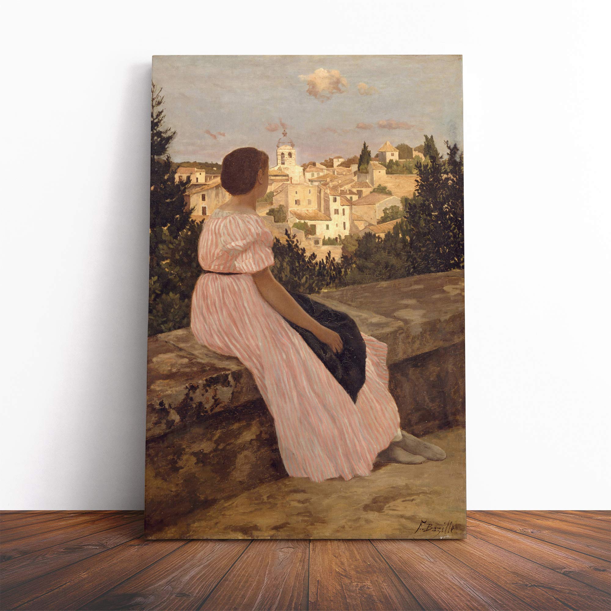 Frederic Bazille The Pink Dress Canvas Print | Gallery Wrapped 30mm Frame Wall Art | 20x14 inches | Ready to Hang | Modern Picture | Living Room Bedroom Lounge Office
