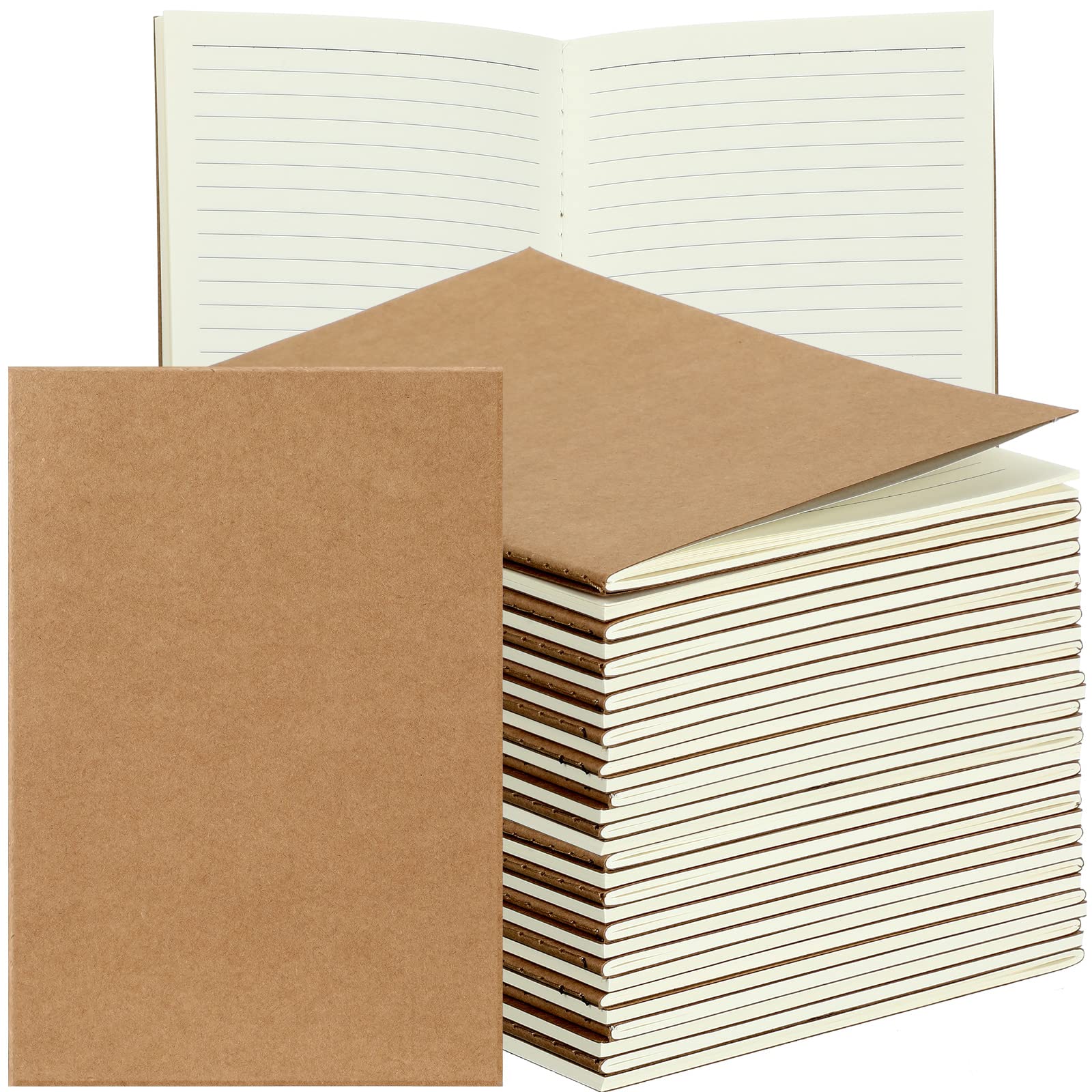 Tenare 16 Pcs Blank Cover A5 Lined Notebook 60 Pages/ 30 Sheets Notepads School Multipack Travel Journal Notebook for Student Diary Memo Office Supplies, 8.27 x 5.51''(Kraft Brown)