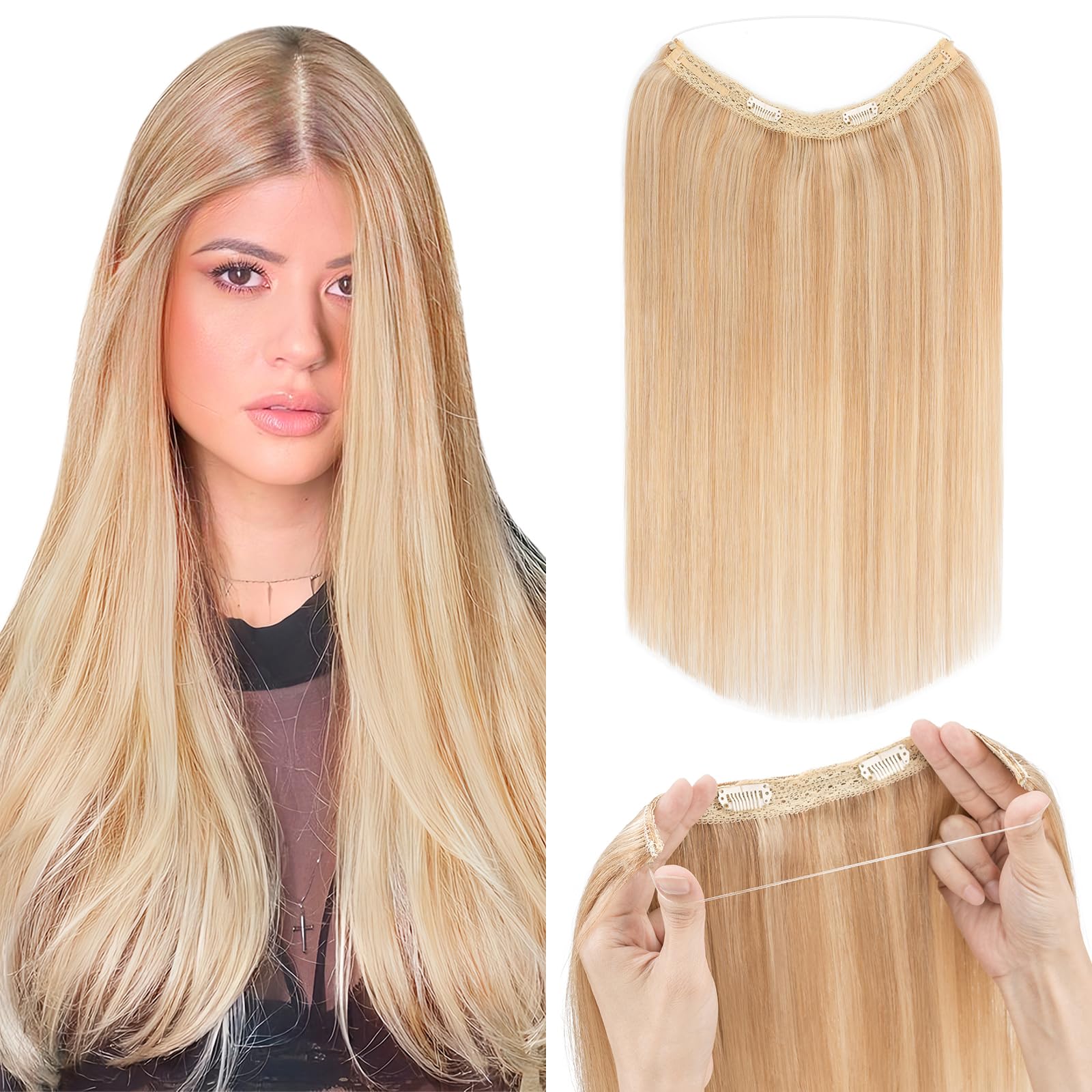 Silk-co 100% Real Human Hair One Piece Wire in Hair Extensions 16inch #18P613 Ash Blonde&Bleach Blonde Invisible Wire on Hair Piece