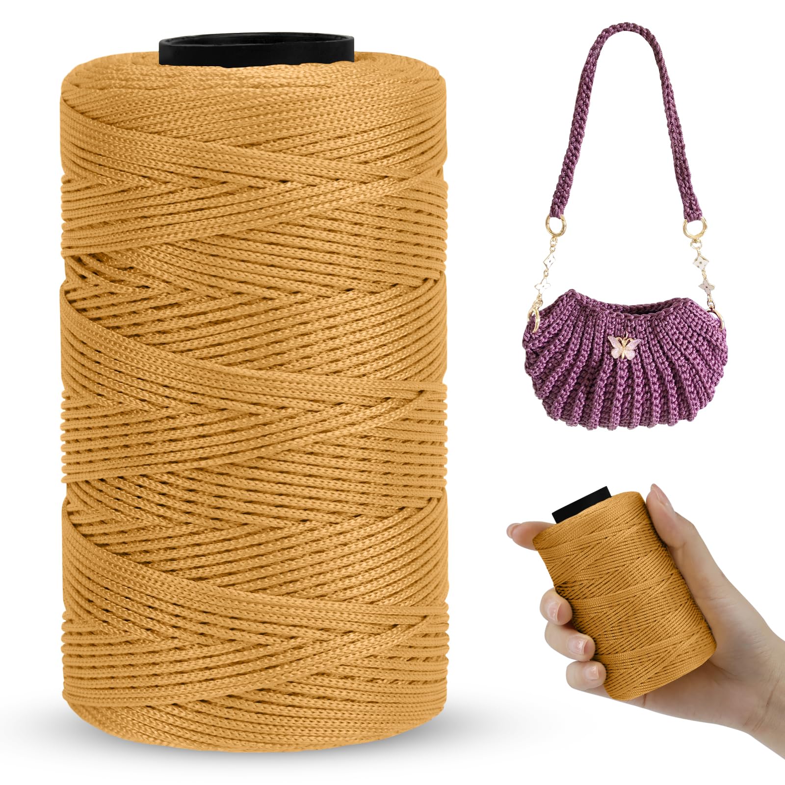 LEREATI Polyester Macrame Cord 1mm x 230m, Polyester Yarn for Crocheting, Braided Polypropylene Crochet Bag Cord Macrame Yarn for Handbag, Beading, DIY Crafts (Khaki Yellow)