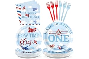 GRENCIAN 96Pcs Airplane 1st Birthday Decorations for Boys Red & Blue Airplane First Birthday Plates and Napkins Sets How Time Flies Party Decorations for Girls Baby Shower One Years Old Supplies Serve 24