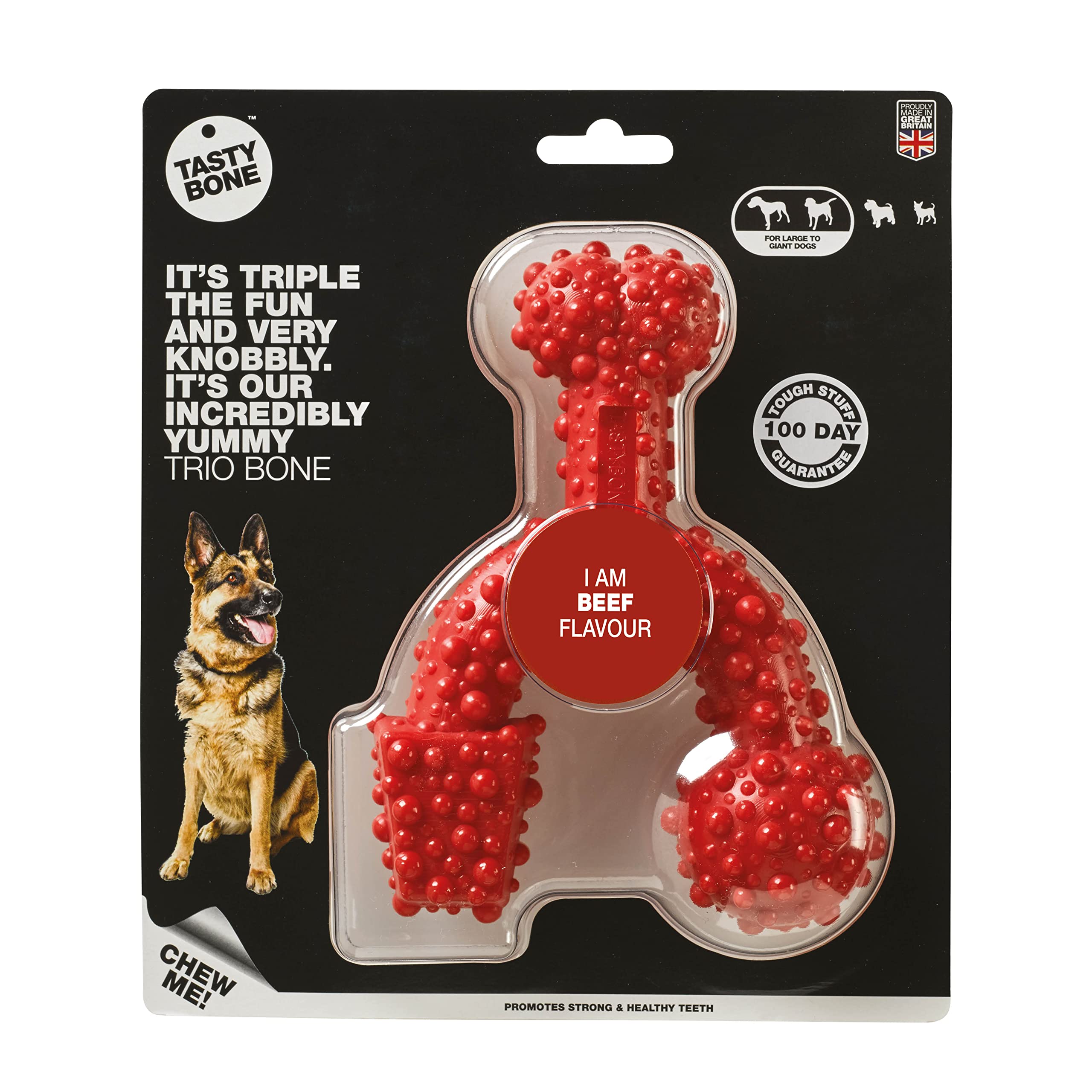TastyBone TrioBone Nylon Dog Chew Toy for Large Dogs (Beef) - Indestructible for Aggressive Chewers, Everlasting Flavour, Strong Healthy Teeth, Made in the UK