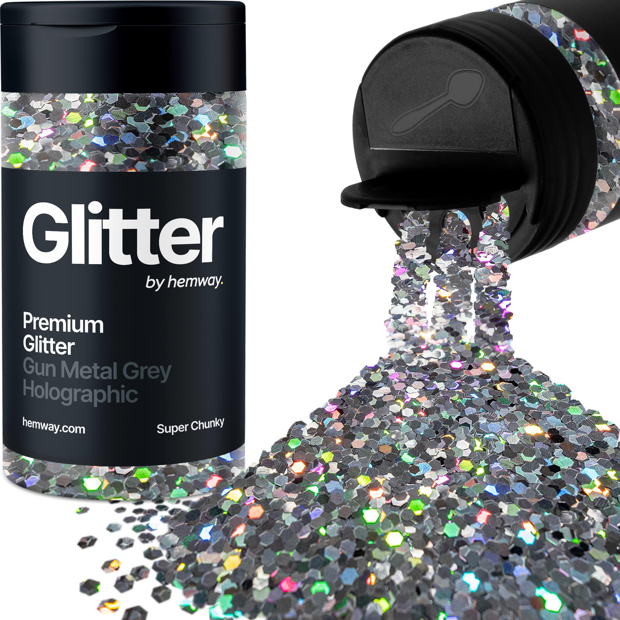 Holographic Gun Metal Grey Glitter Shaker, 130g Super Chunky Glitter, Crafts 1/8" Metallic Flake Gun Metal Grey Sequins, Resin & Epoxy Crafts, Decorating, Halloween, Christmas Nail, Face, Hemway