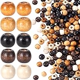 Pndeyo 250pcs Large Hole Wooden Beads for Crafts, Vintage Round Natural Wood Hair Bead, 5 Colors 9X10mm Wooden Loose Spacer Beads for Macrame Necklace Bracelet Hair DIY Craft Handmade Decor