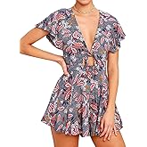 AGQT Women’s Sexy V Neck Self Tie Front Romper 2026 Summer Boho Short Jumpsuit Playsuit Outfit Mini Dress