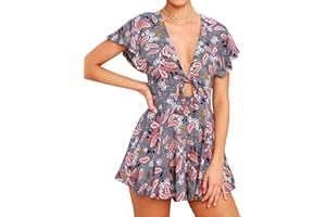 AGQT Women’s Sexy V Neck Self Tie Front Romper Short Jumpsuit Playsuit Mini Outfit Romper Dress Boho Romper
