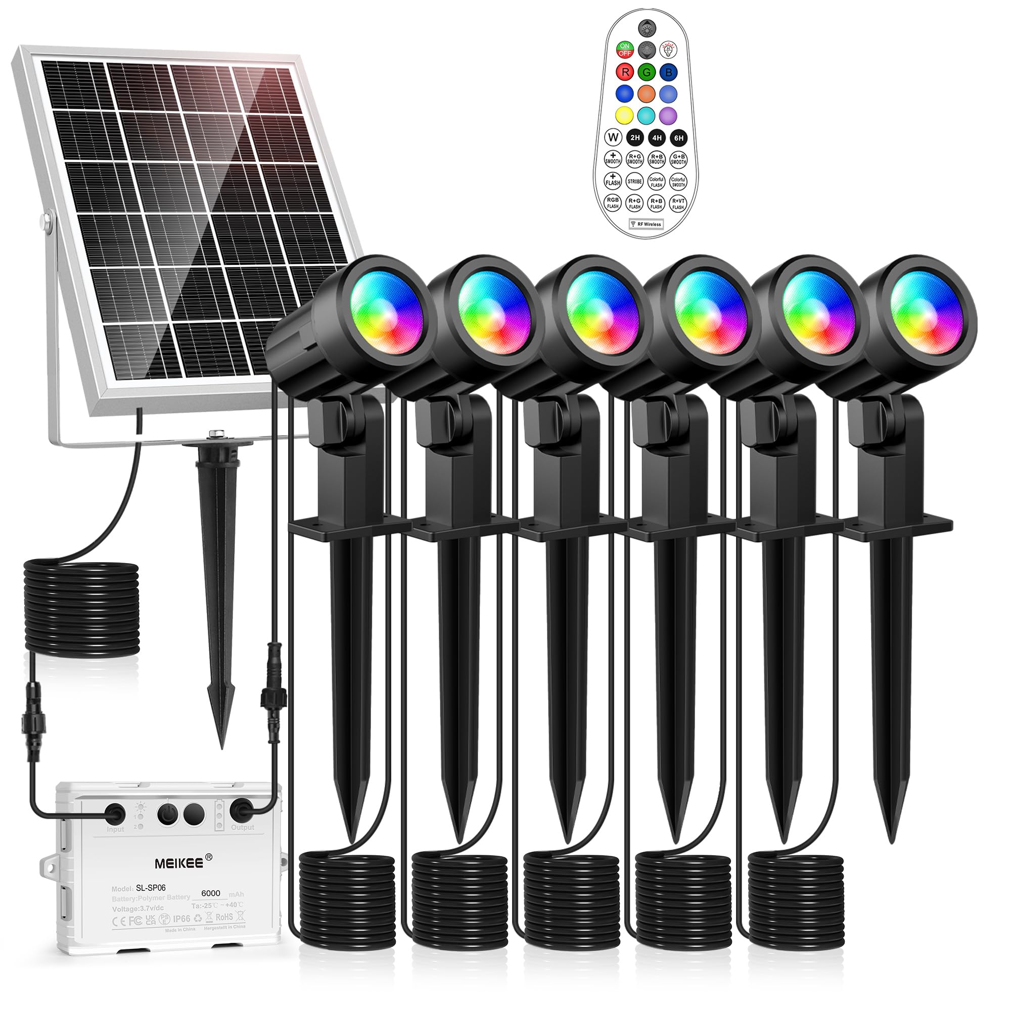 MEIKEE 6 in 1 Solar RGB Garden Spotlights – Color Changing LED Landscape Lighting with Remote Control, IP66 Waterproof Dusk to Dawn Outdoor Lights for Garden, Lawn, Patio, Yard