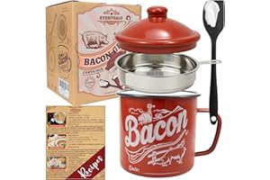 Ayerphalo Bacon Grease Container with Strainer - With Food-Grade Silicone Spatula, 46oz Large Enamel Rustic Farmhouse Fat Container, Keeper, Recipes, Dishwasher Safe