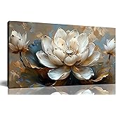 aburaeart White Flower Wall Art for Living Room - Gold Paintings Wall Art for Office - Bedroom Pictures Wall Decor for Women Size 20" x 40"
