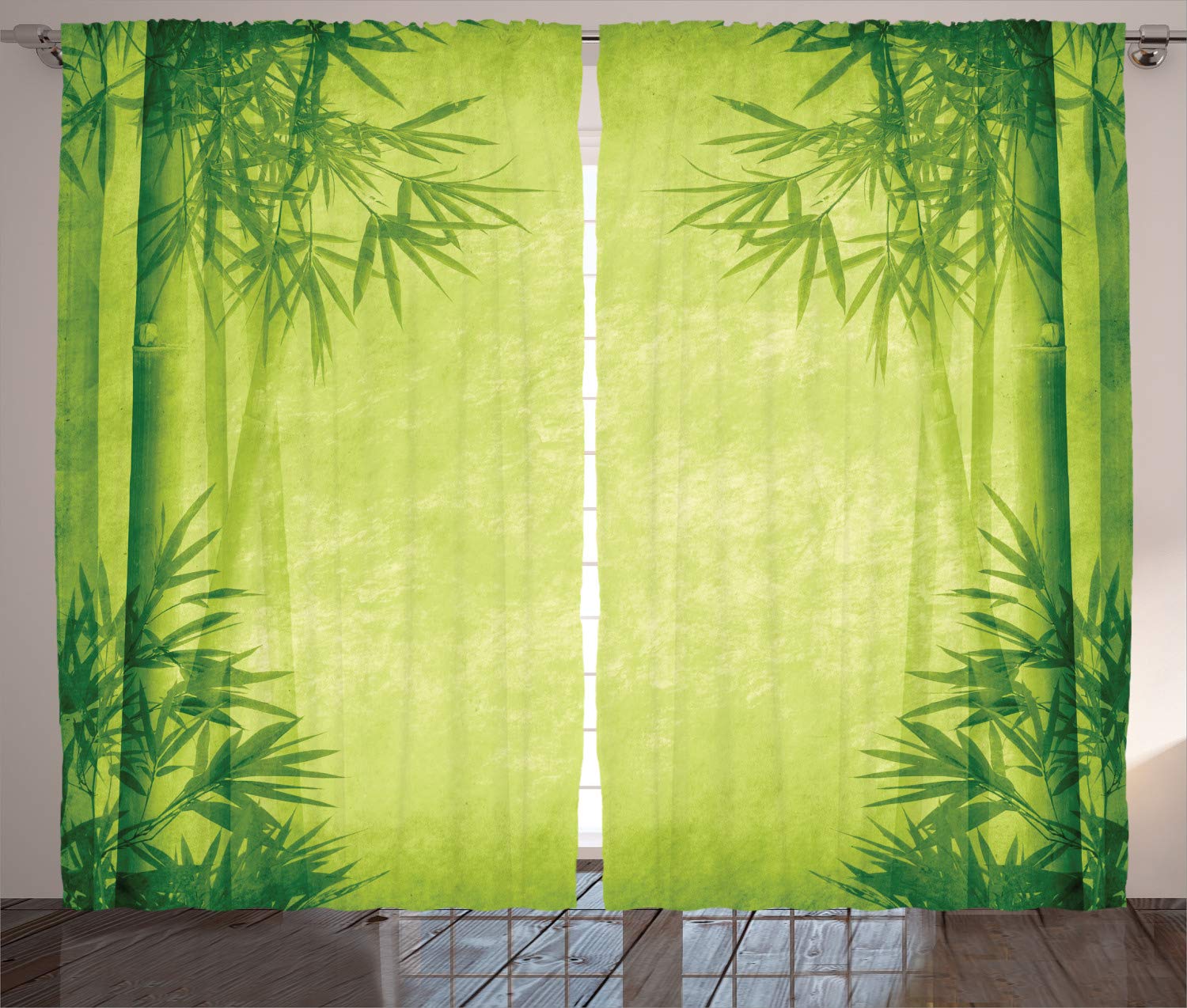 ABAKUHAUS Bamboo Curtains, Chinese Banmboo Trees Design Fengshui Style Simple Organized Relaxing Life Image, Living Room Bedroom Window Drapes 2 Panel Set, 280 x 260 cm, Green