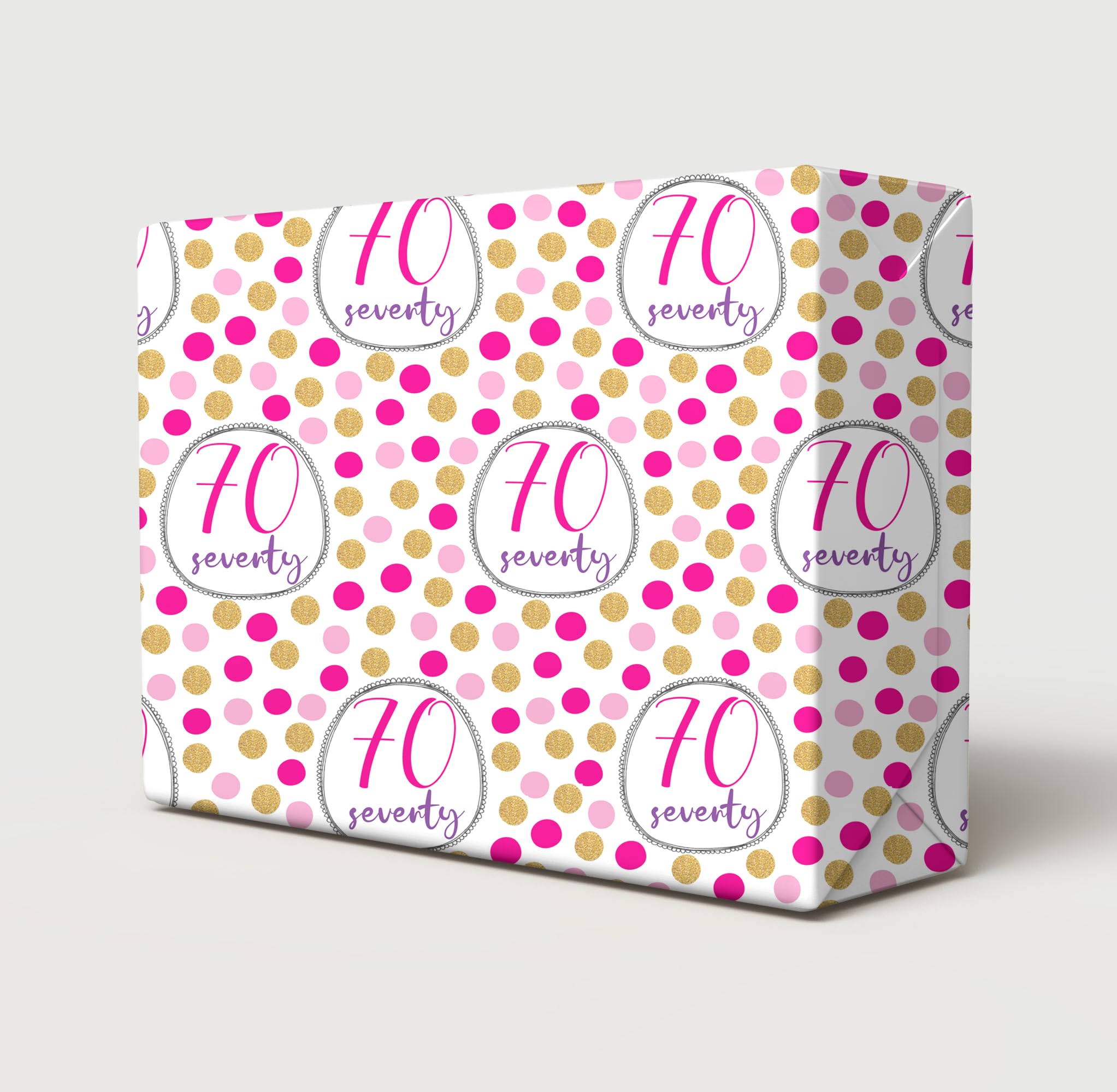 2 Sheets 2 Tags 70th Birthday Pink Gold Polka Dots Female Wrapping Paper Age 70 Birthday Ladies Giftwrap (PA)
