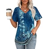 OFEEFAN Womens T Shirts V Neck Short Sleeve Casual Tops Loose Fit Basic Tees with Curved Hem