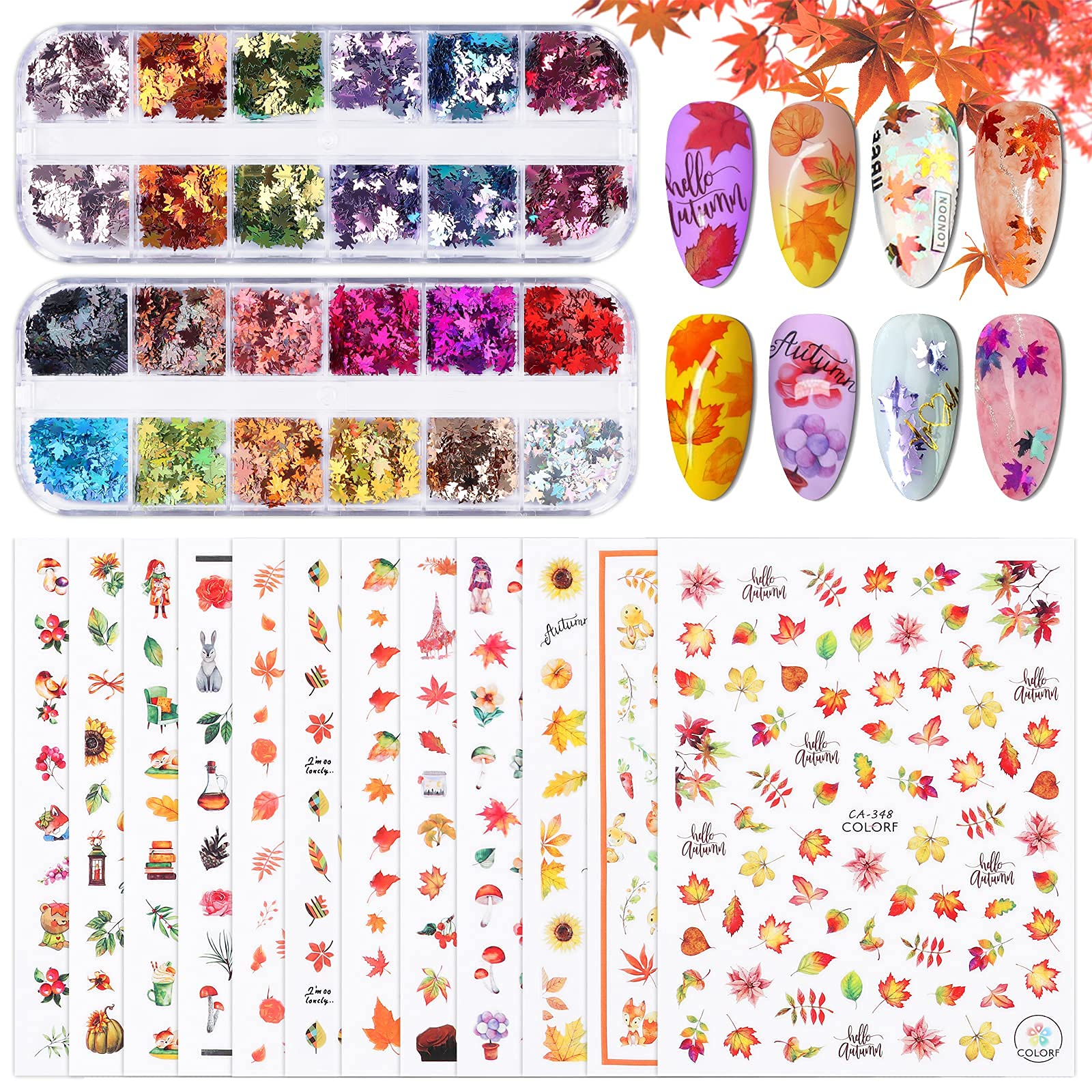 Kalolary Thanksgiving Nail Stickers, 12 Sheets Autumn Nail Stickers with 2 Boxes Maple Leaf Glitter for Women Girls DIY Nail Decorations