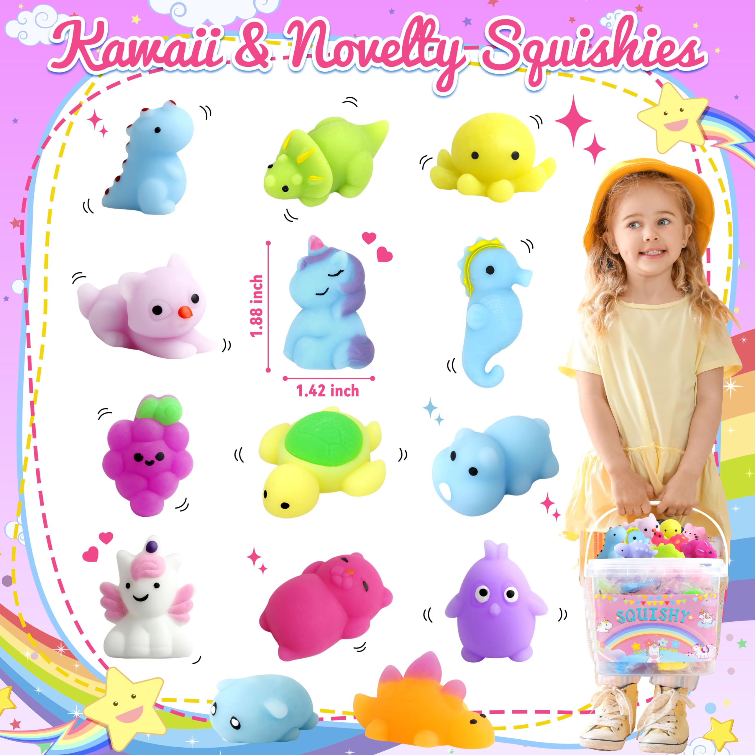 150 Pack Mochi Squishy Toys Kawaii Squishies Stress Relief Toys Pack Boys Girs Party Favors Bulk Birthday Gifts Valentines Day Gifts for Kids Easter Egg Fillers Easter Hunt Basket Pinata Stuffers