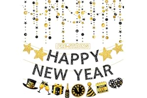 BLUEGOGO 4PCS Pre-Strung Happy New Year Banner 2026, Black and Gold Glitter Happy New Year Decorations Circle Star Garland Hanging Bunting NYE Decorations 2026 for New Years Eve Party Supplies