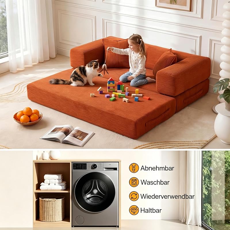 rahmenloses Sofa, 160 cm, mit Schaumstoff und Federn, für Schlafzimmer, Orange