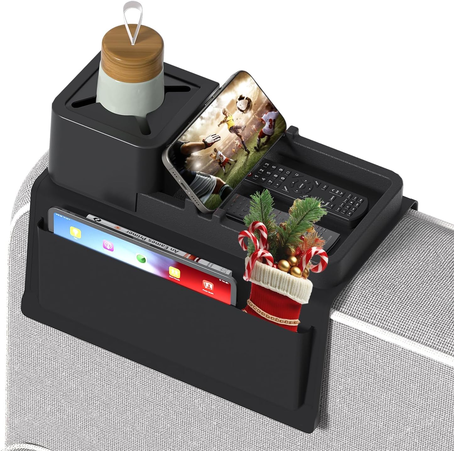 Sonhomay Couch Cup Holder Silicone Sofa Armrest Tray with 3 Pockets Arm Caddy Holder Armrest Hanging Storage for Drinks Phone Remote Snacks