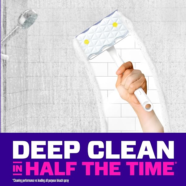 MR. CLEAN MAGIC ERASER SHOWER & TUB SCRUBBER, BATHROOM CLEANER, ALL IN ONE BATHROOM CLEANER, LEMON STARTER KIT, 1 SCRUBBER & 2 FOAMING MAGIC ERASERS