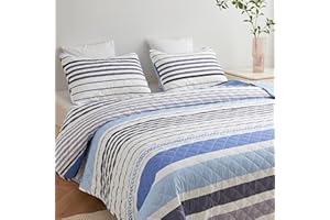 Bedmoon Quilt Full/Queen Grey & Blue Striped, Lightweight Reversible Quilt Bedding Set, 3 Pieces Soft Bedspread, All Seasons Microfiber Coverlet Queen Size