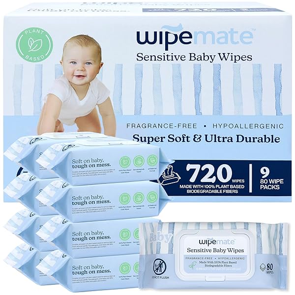 WIPEMATE EWG-VERIFIED PREMIUM BABY WIPES, 99% WATER-BASED, PLASTIC-FREE, ULTRA-SOFT PLANT-BASED WIPE, CHLORINE/ALCOHOL-FREE, PH-BALANCED, HYPOALLERGENIC CRUELTY-FREE WITH DURABLE FLIP-TOP LID 720-CT