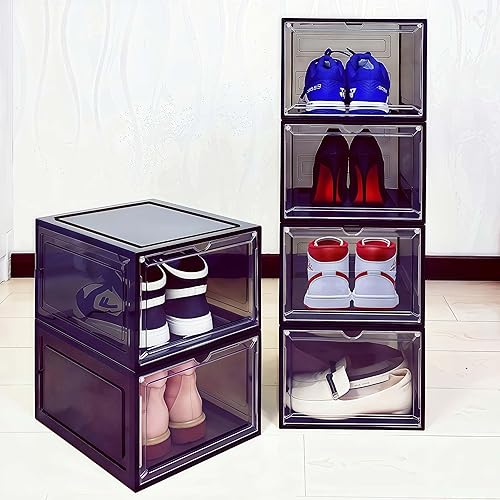 JECCICHY 6 Pack Shoe Organizer for Closet, Shoe Storage Container with Lids, Shoe Box Clear Plastic Stackable, Thick Hard Polypropylene, Drop Front Door, US Size 13