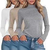 Velvelhall 3 Pack Women's Cotton Turtleneck Tops Long Sleeve Shirts Stretch Undershirt Casual Basic Fall Winter Clothes