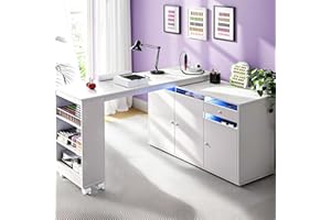 HolaiNail L-Shaped Manicure Table with Dust Collector, Nail Tech Desk with Storage Cabinet, Drawer, Rotating & Convertible Nail Workstation with LED Light, White