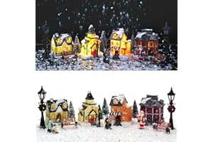 Queekay 17 Pcs Resin Lighted Christmas Village Houses with Figurines Town Set Christmas Village Accessories Collectible Buildings Xmas Winter Decorations for Indoor Room