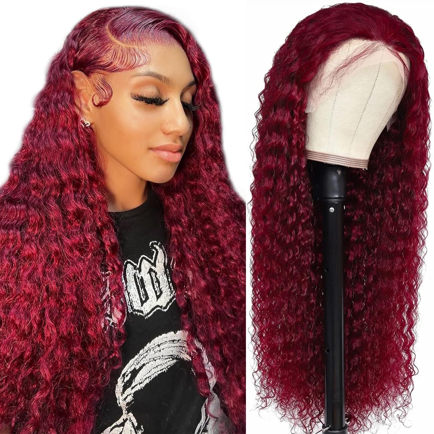 WIGZEN Burgundy Lace Front Wig Human Hair 24 Inch 200 Density Deep Wave 13x6 HD Frontal Glueless Curly Wig