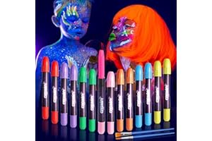14 Pcs Glow in the Dark Face Paint, Creamify Black Light Neon Face & Body Paint, Halloween Masquerade Makeup Sticks, Fluorescent Crayons Kit for Kids
