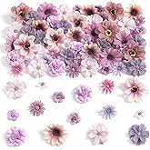GAATEEK 90 Pcs Mini Artificial Silk Flower Heads - Purple Peony, Daisy, Rose Floral Appliques for Spring Summer Crafts | DIY Wreath Accessories for Wedding/Home Decor/Party/Graduation Cap