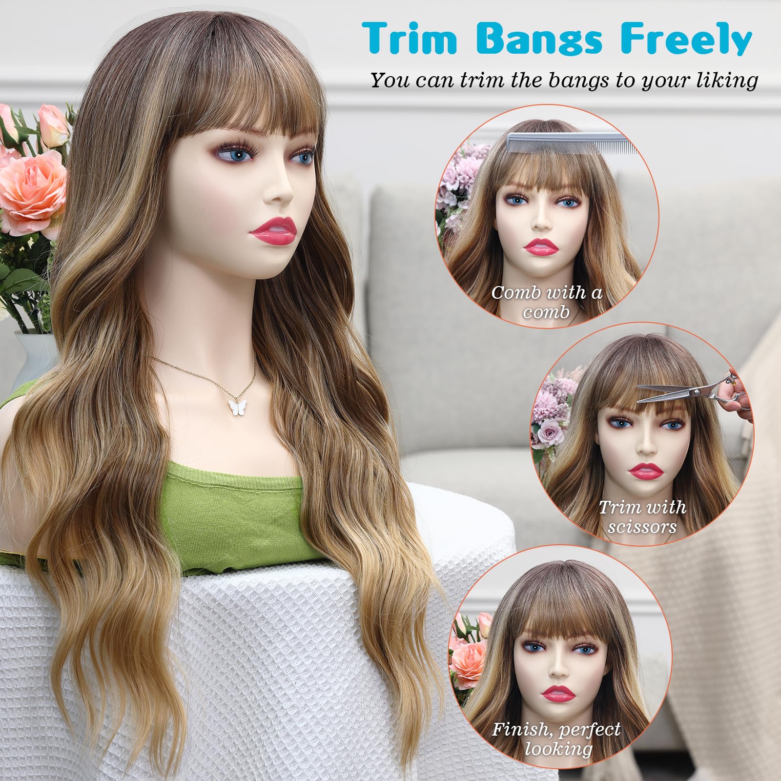 POPTAIYU Dirty Blonde Wig with Bangs Long Blonde Wavy Wigs for Women Synthetic Curly Wavy Wigs with Dark Root Heat Resistant Wig for Daily Party Use 26 Inches (Dirty Blonde)