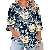 TFSDOD Plus Size Tops for Women V Neck 3/4 Sleeve Pleated Blouses Dressy Casual Fashion Tunic Top (1X-5X)