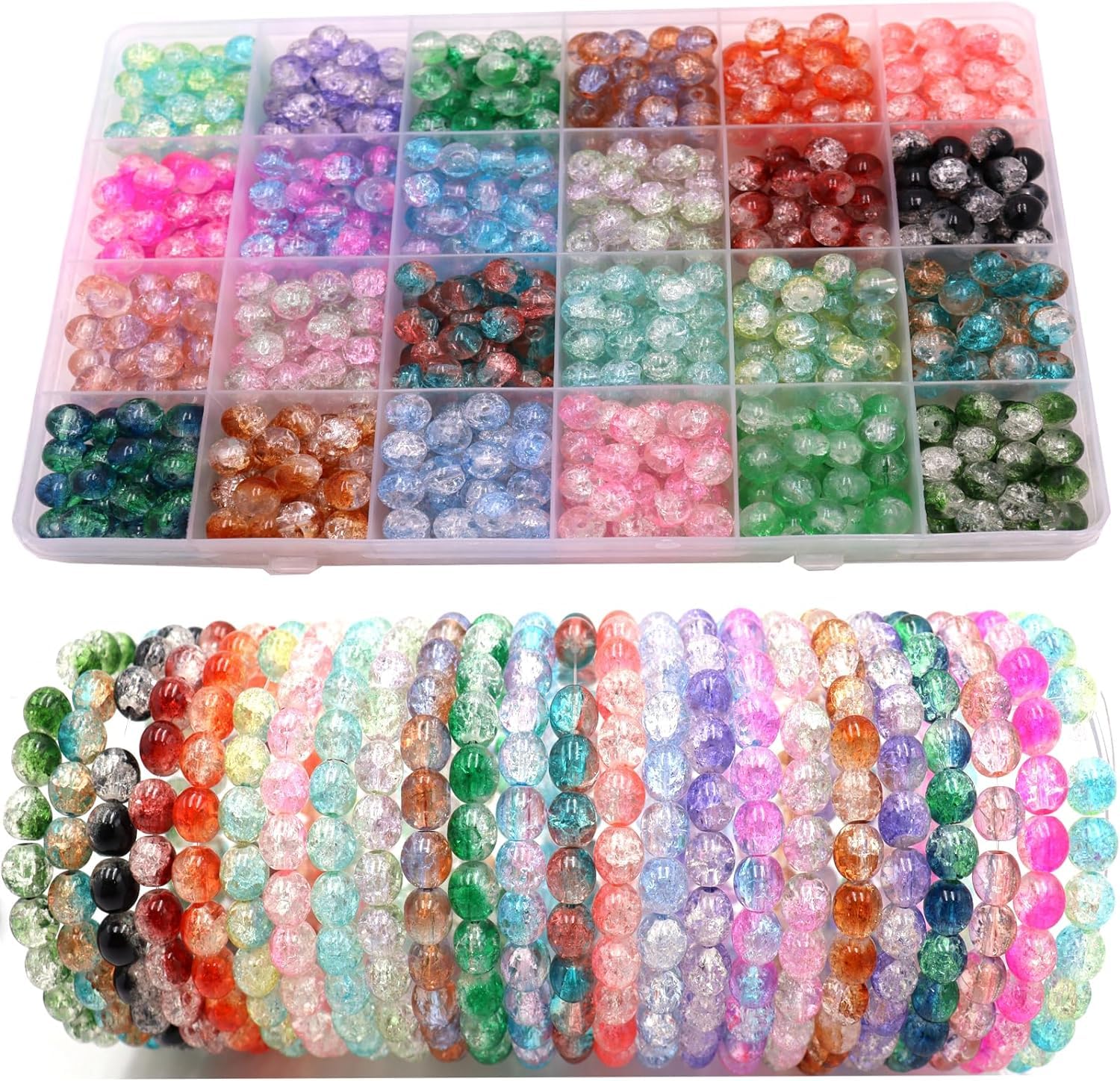 Crystal Jewellery Making Kit 8mm Round Glass Beads for Jewellery Making 24Colours Crystal Beads for Bracelets Making Kits DIY Crafts Supplies for Bracelet Necklace Phone Charm Girls Adults (600Pcs)
