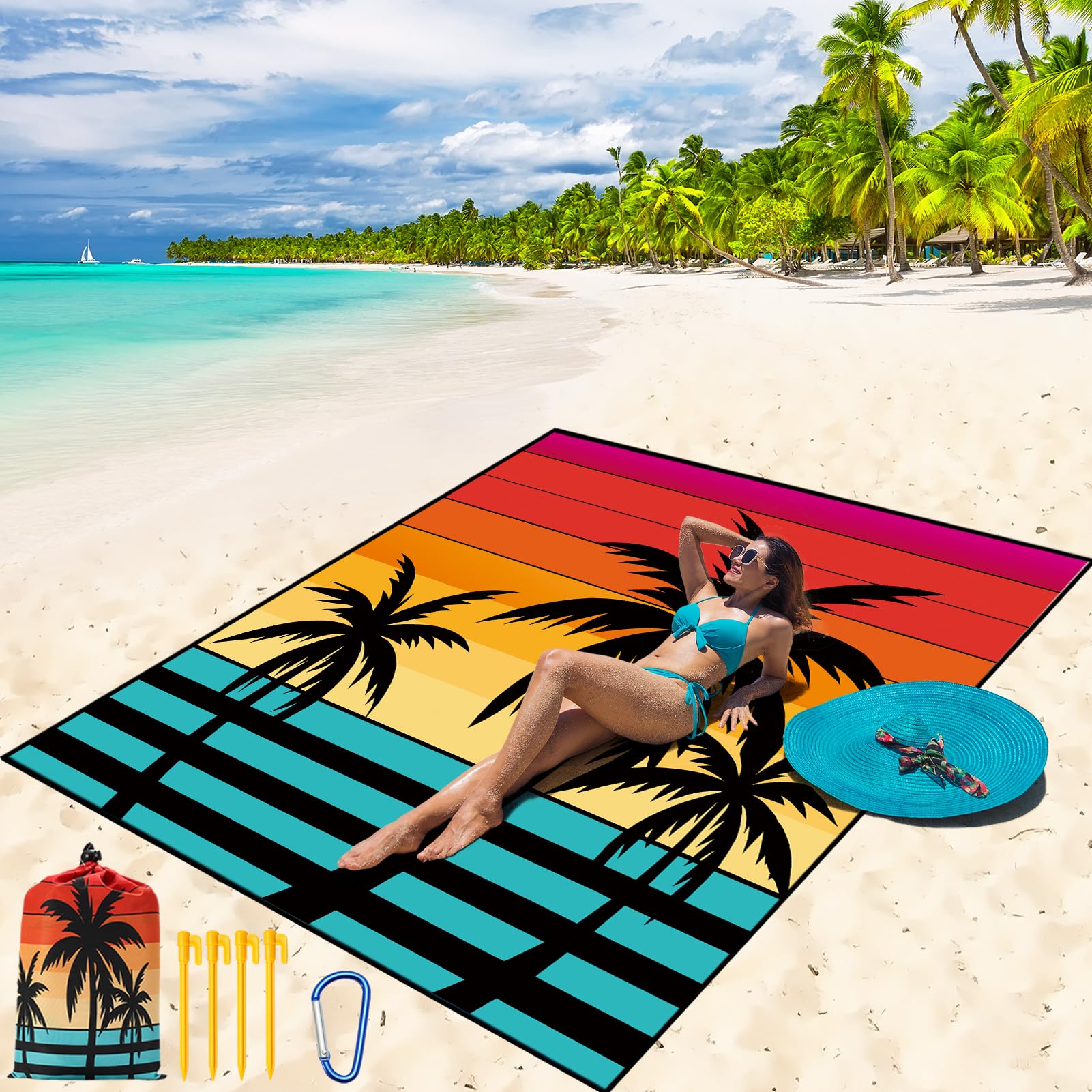Photo 1 of WIWIGO Beach Blanket Waterproof Sandproof Beach Mat 79" X 83"/10'x9'for 2-8 Adults Quick Drying Outdoor Picnic Mat Beach Accessories for Travel, Camping, Hiking
