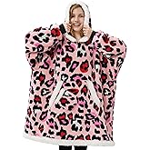 Giggling Getup Wearable Blanket Hoodie for Adults Gifts for Teen Girls Sister Women Sherpa Fleece Printed Hooded Blanket Sweatshirt Warm Cozy with Pocket & Sleeves Pink Leopard