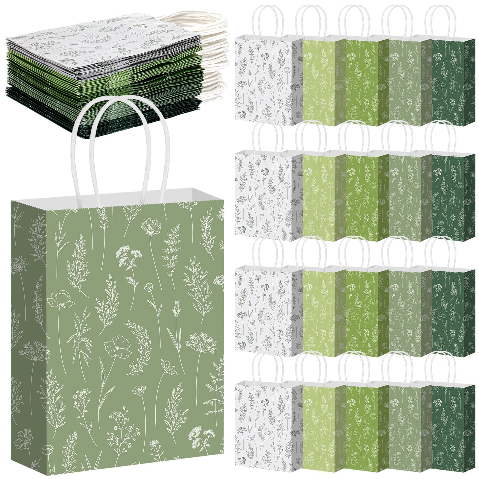 Photo 1 of Kolldenn 50 Pcs Sage Green Wildflower Gift Bags with Handles Paper Floral Goodie Welcome Bag for Wedding Guest Baby Shower Bridal Birthday Party Favor, 5.91 x 3.15 x 8.27 Inches
