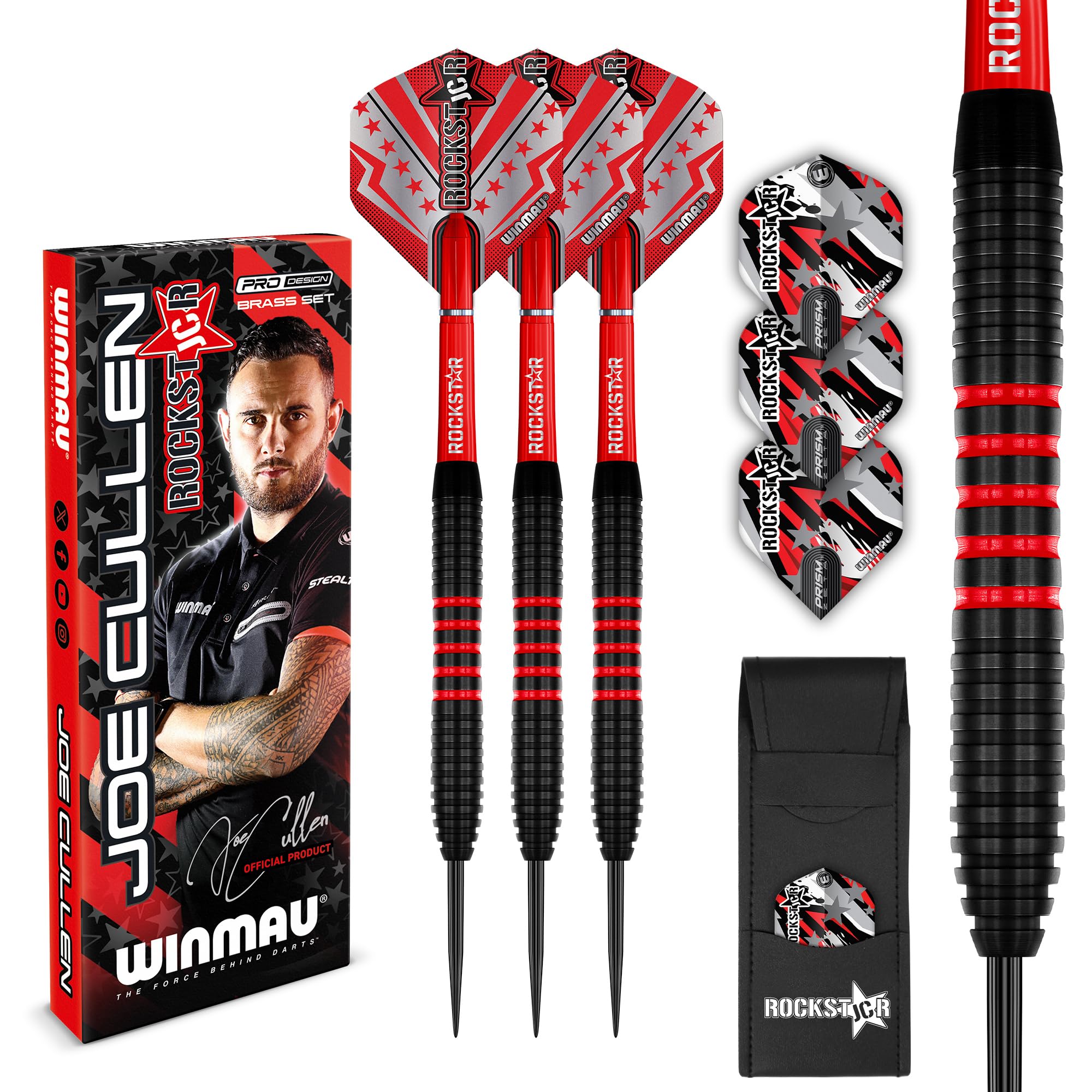 WINMAU Darts Joe Cullen Rockstar 20g Brass Darts Set with Dart Flights and Dart Shafts (Stems) Including Checkout Card