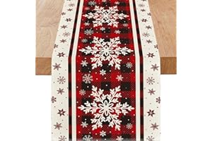 Niviy Snowflakes Christmas Table Runner with Buffalo Plaid, Winter Xmas Holiday Kitchen Dining Table Decoration for Indoor Outdoor Home Party Decor 13 x 72